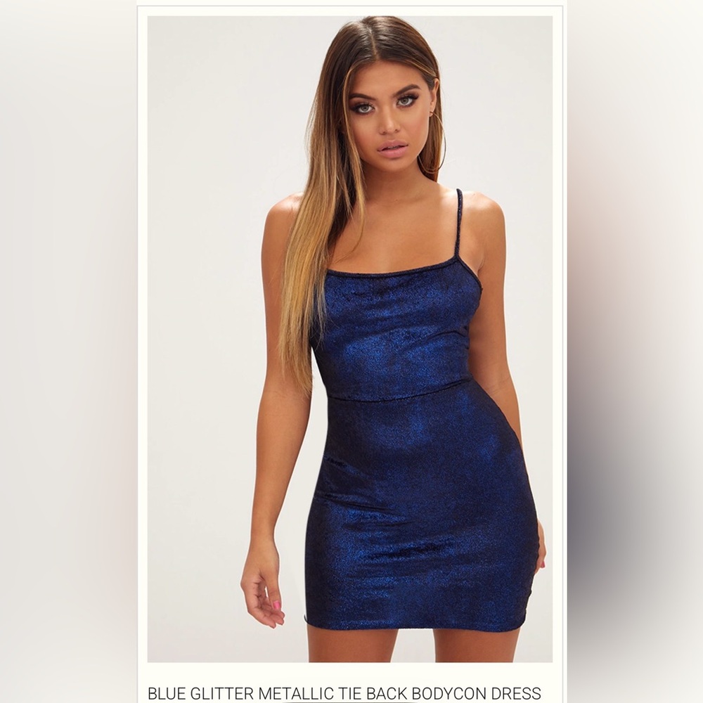 Blue Glitter Metallic Tie Back Women's Mini Dress
